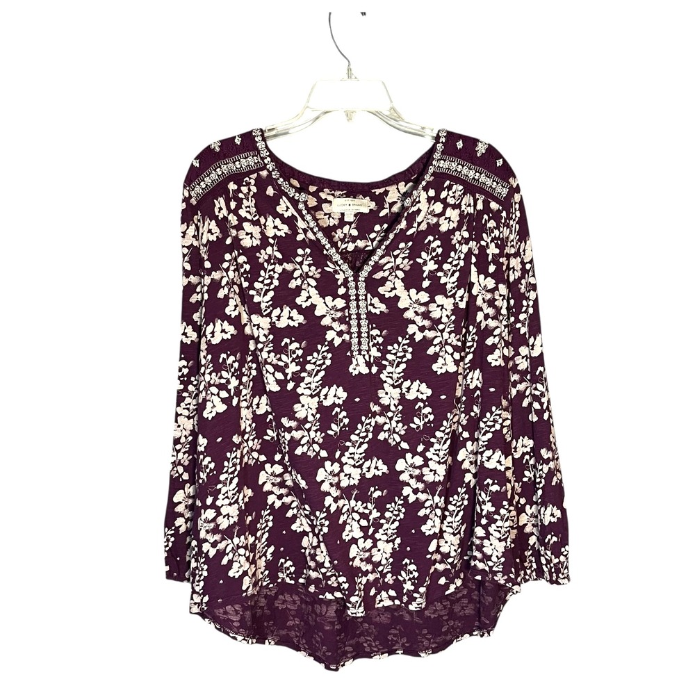 Lucky Brand Women's V Neck 3/4 Sleeve Tunic Top Embroidered 2X High Low